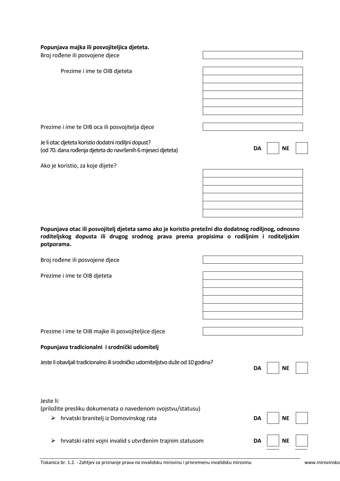 HZMO form 1.2 (disability pension) (2025) Application for a disability pension or temporary disability pension (Zahtjev za priznanje prava na invalidsku mirovinu / ocjenu radne sposobnosti i privremenu invalidsku mirovinu, Tiskanica 1.2) — page 3 of 7