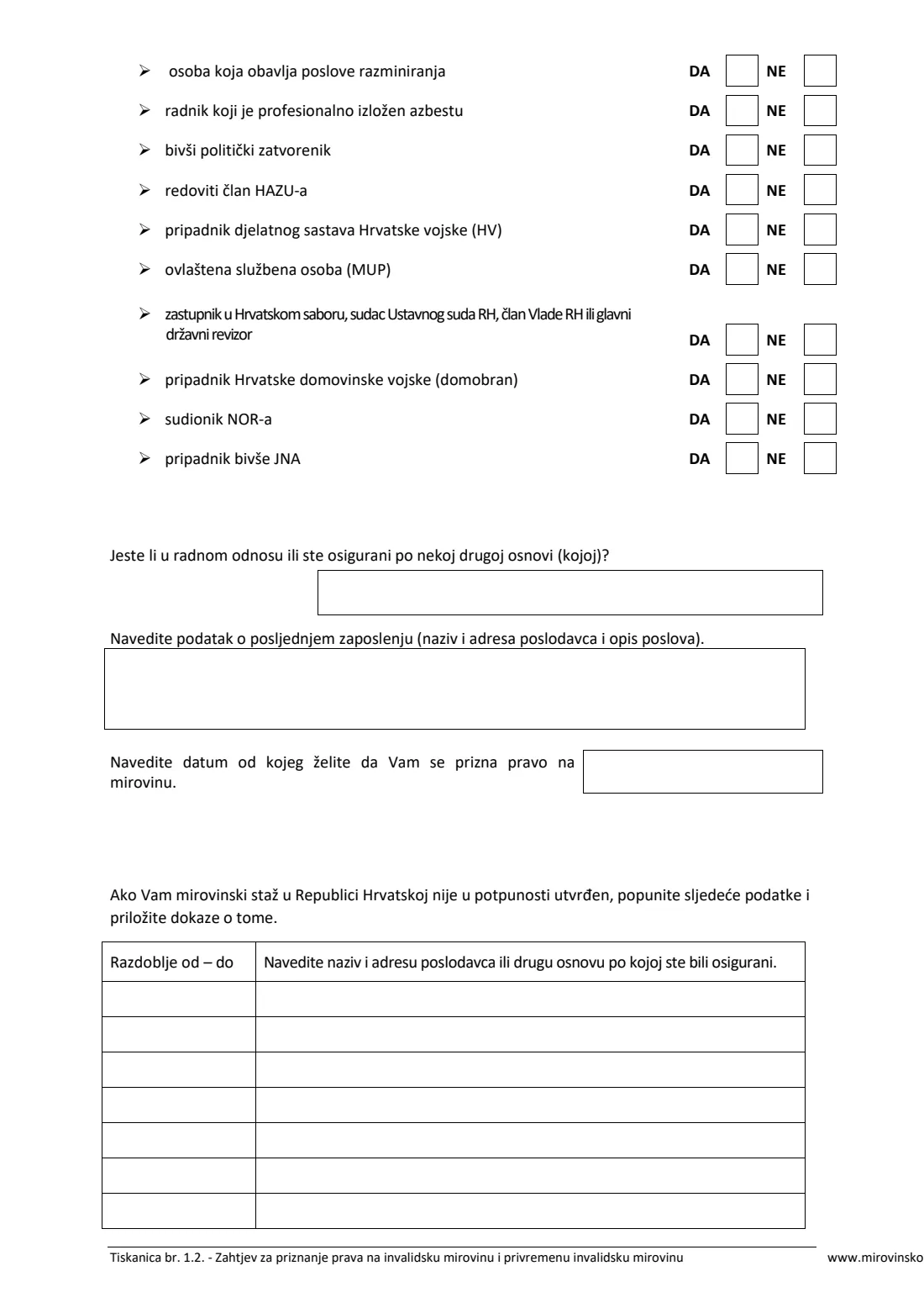 HZMO form 1.2 (disability pension) (2025) Application for a disability pension or temporary disability pension (Zahtjev za priznanje prava na invalidsku mirovinu / ocjenu radne sposobnosti i privremenu invalidsku mirovinu, Tiskanica 1.2) — page 4 of 7