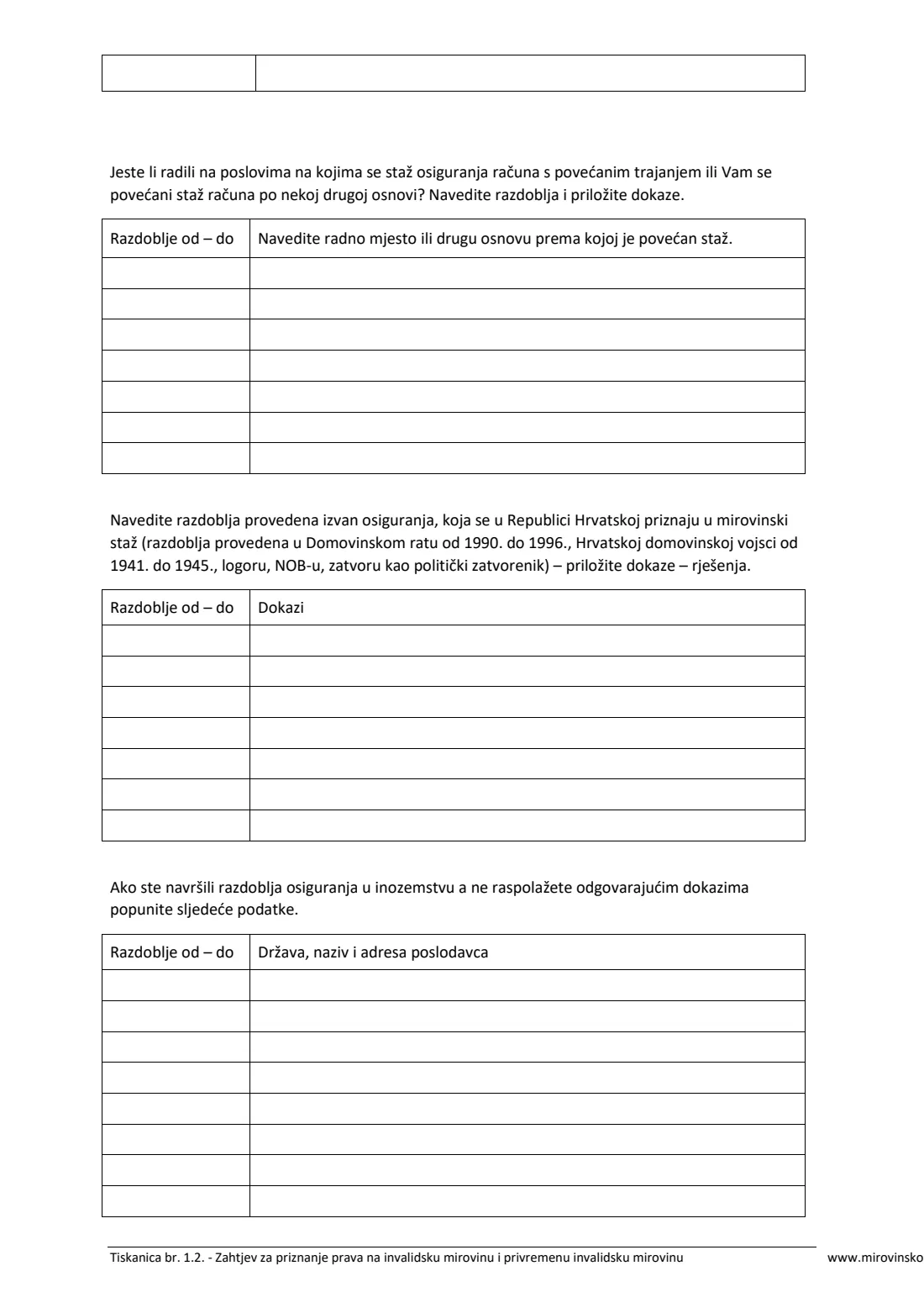 HZMO form 1.2 (disability pension) (2025) Application for a disability pension or temporary disability pension (Zahtjev za priznanje prava na invalidsku mirovinu / ocjenu radne sposobnosti i privremenu invalidsku mirovinu, Tiskanica 1.2) — page 5 of 7
