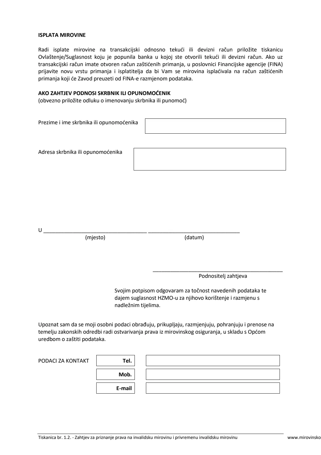 HZMO form 1.2 (disability pension) (2025) Application for a disability pension or temporary disability pension (Zahtjev za priznanje prava na invalidsku mirovinu / ocjenu radne sposobnosti i privremenu invalidsku mirovinu, Tiskanica 1.2) — page 6 of 7