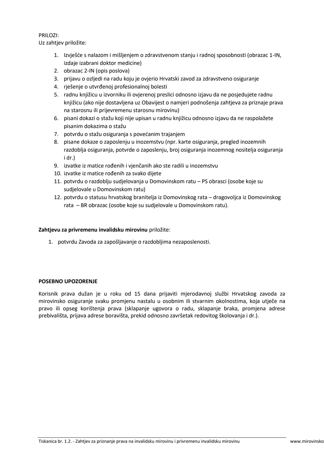 HZMO form 1.2 (disability pension) (2025) Application for a disability pension or temporary disability pension (Zahtjev za priznanje prava na invalidsku mirovinu / ocjenu radne sposobnosti i privremenu invalidsku mirovinu, Tiskanica 1.2) — page 7 of 7