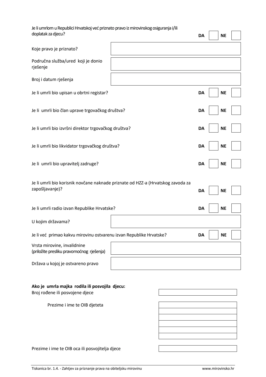 HZMO form 1.4 (survivor's pension) (2025) Application for a survivor's pension (Zahtjev za priznanje prava na obiteljsku mirovinu, Tiskanica 1.4) — page 2 of 9