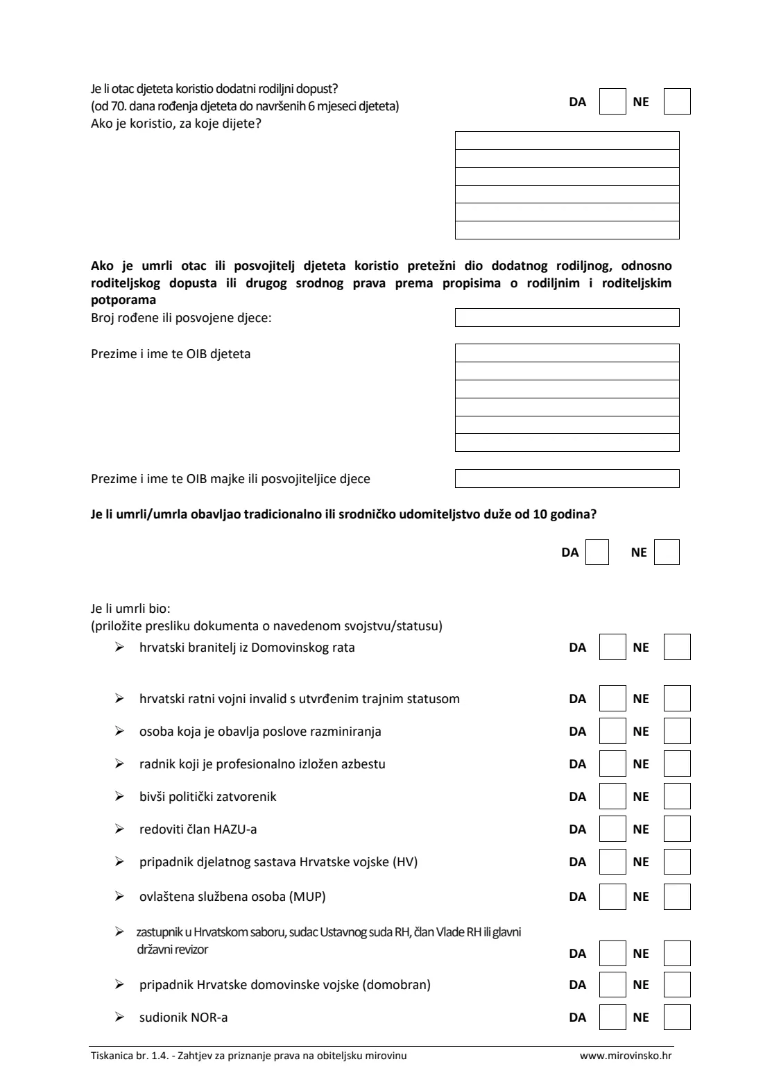 HZMO form 1.4 (survivor's pension) (2025) Application for a survivor's pension (Zahtjev za priznanje prava na obiteljsku mirovinu, Tiskanica 1.4) — page 3 of 9