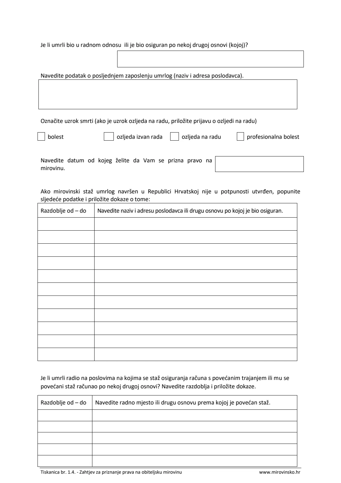 HZMO form 1.4 (survivor's pension) (2025) Application for a survivor's pension (Zahtjev za priznanje prava na obiteljsku mirovinu, Tiskanica 1.4) — page 5 of 9