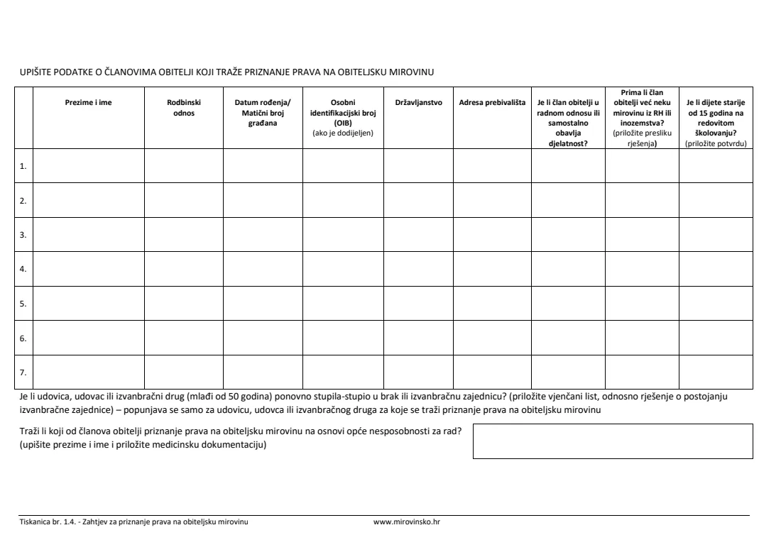 HZMO form 1.4 (survivor's pension) (2025) Application for a survivor's pension (Zahtjev za priznanje prava na obiteljsku mirovinu, Tiskanica 1.4) — page 7 of 9