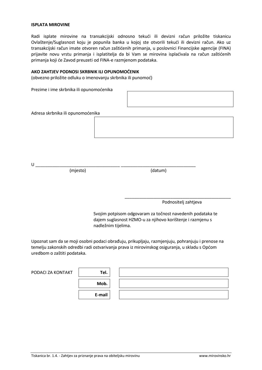 HZMO form 1.4 (survivor's pension) (2025) Application for a survivor's pension (Zahtjev za priznanje prava na obiteljsku mirovinu, Tiskanica 1.4) — page 8 of 9