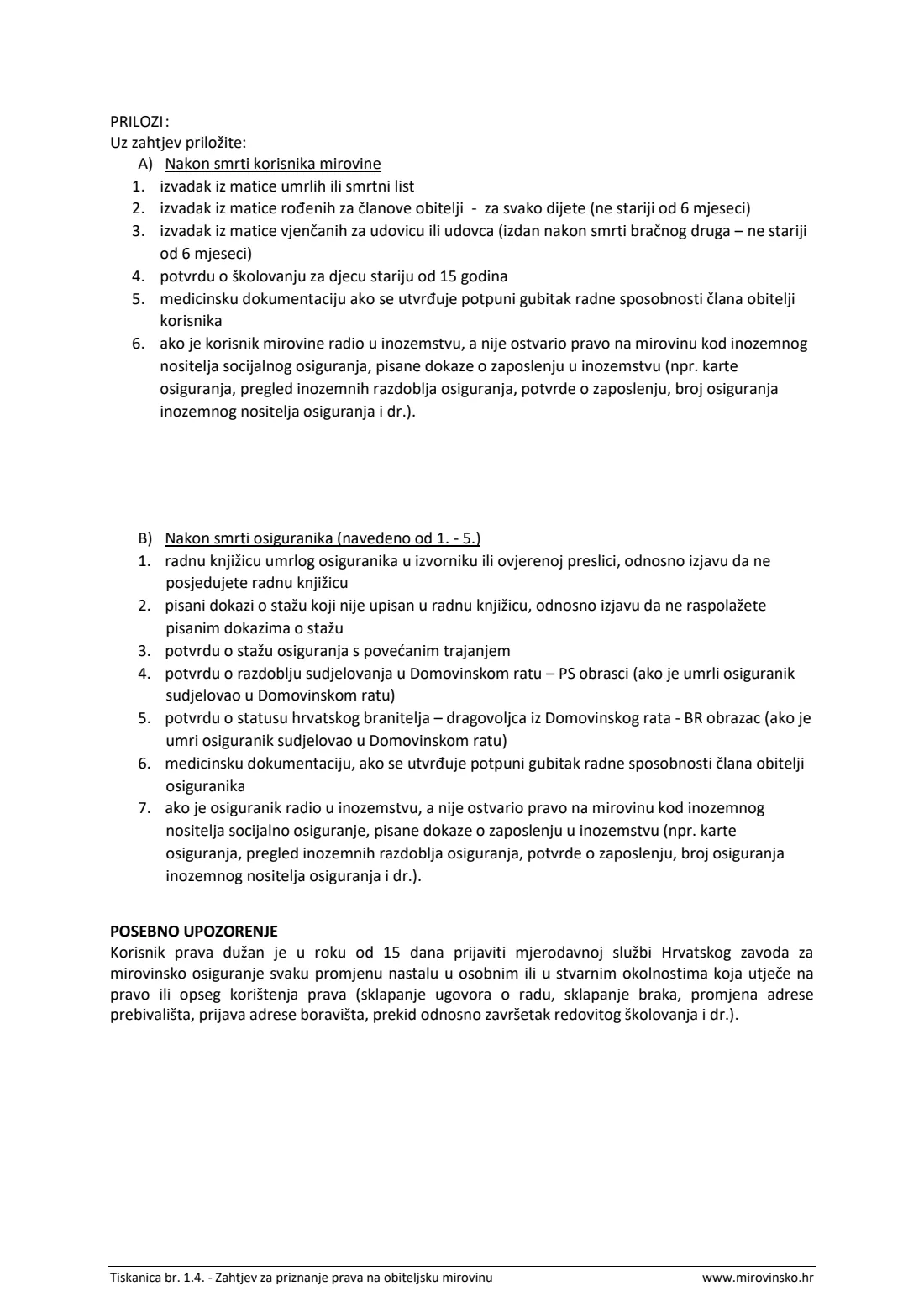 HZMO form 1.4 (survivor's pension) (2025) Application for a survivor's pension (Zahtjev za priznanje prava na obiteljsku mirovinu, Tiskanica 1.4) — page 9 of 9