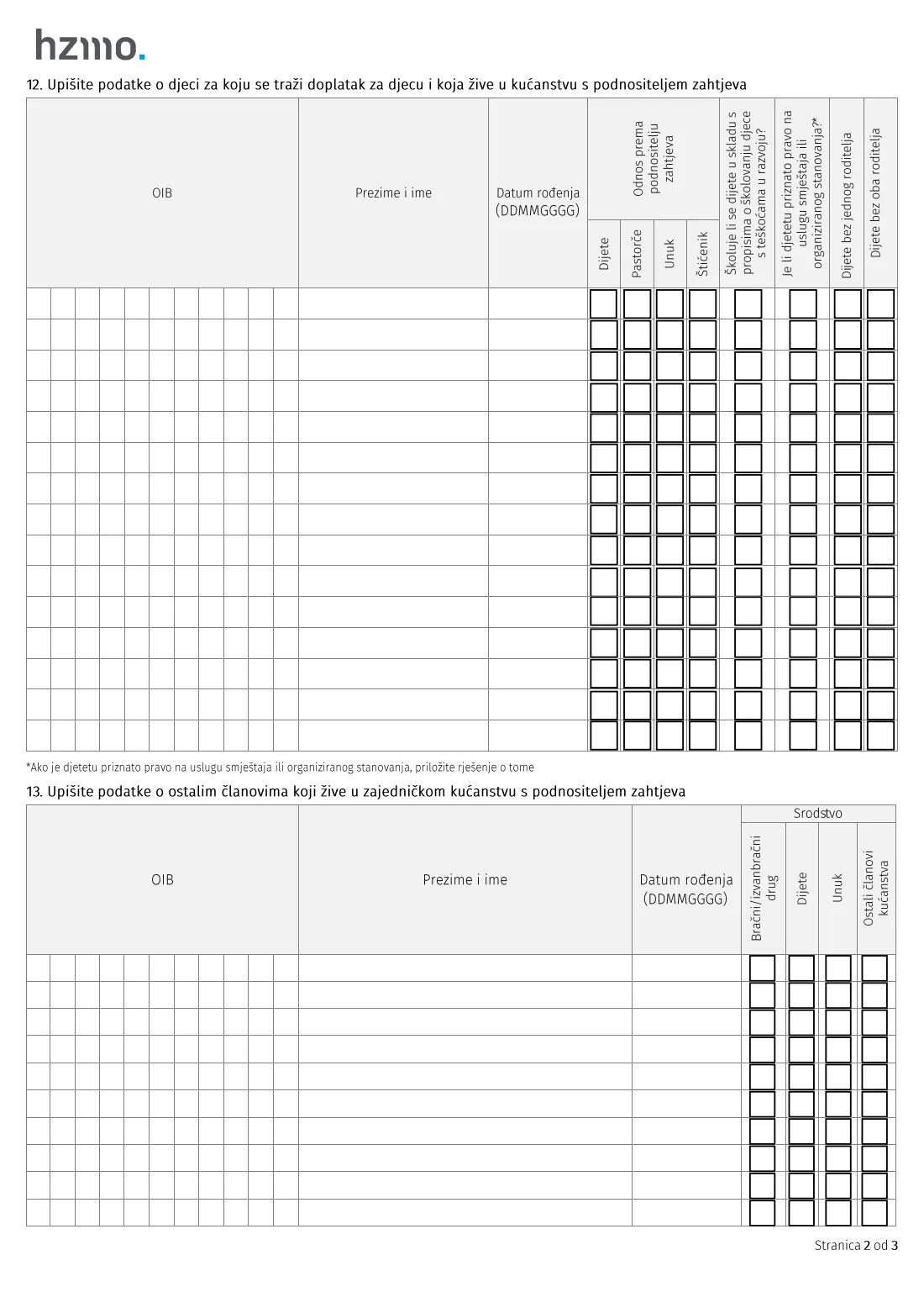 HZMO form 1.7 (child allowance) (2025) Zahtjev za ostvarivanje prava na doplatak za djecu (Tiskanica 1.7) - Application for child allowance — page 2 of 3