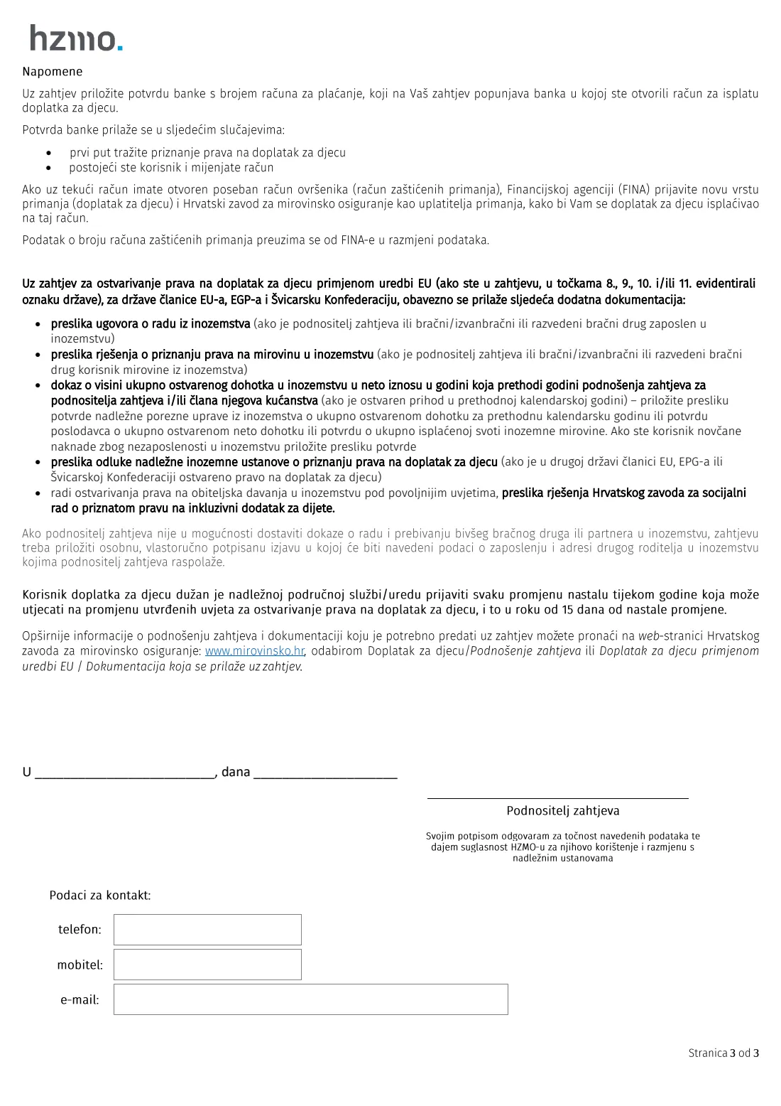 HZMO form 1.7 (child allowance) (2025) Zahtjev za ostvarivanje prava na doplatak za djecu (Tiskanica 1.7) - Application for child allowance — page 3 of 3