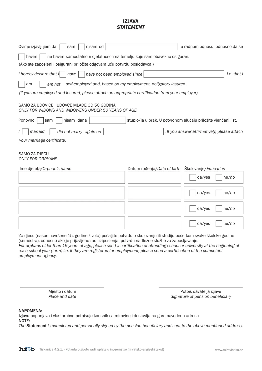 HZMO form 4.2.1 (life certificate) (2009) Potvrda o životu radi isplate u inozemstvo (Tiskanica 4.2.1) - Life certificate for payment abroad (Croatian-English) — page 2 of 2
