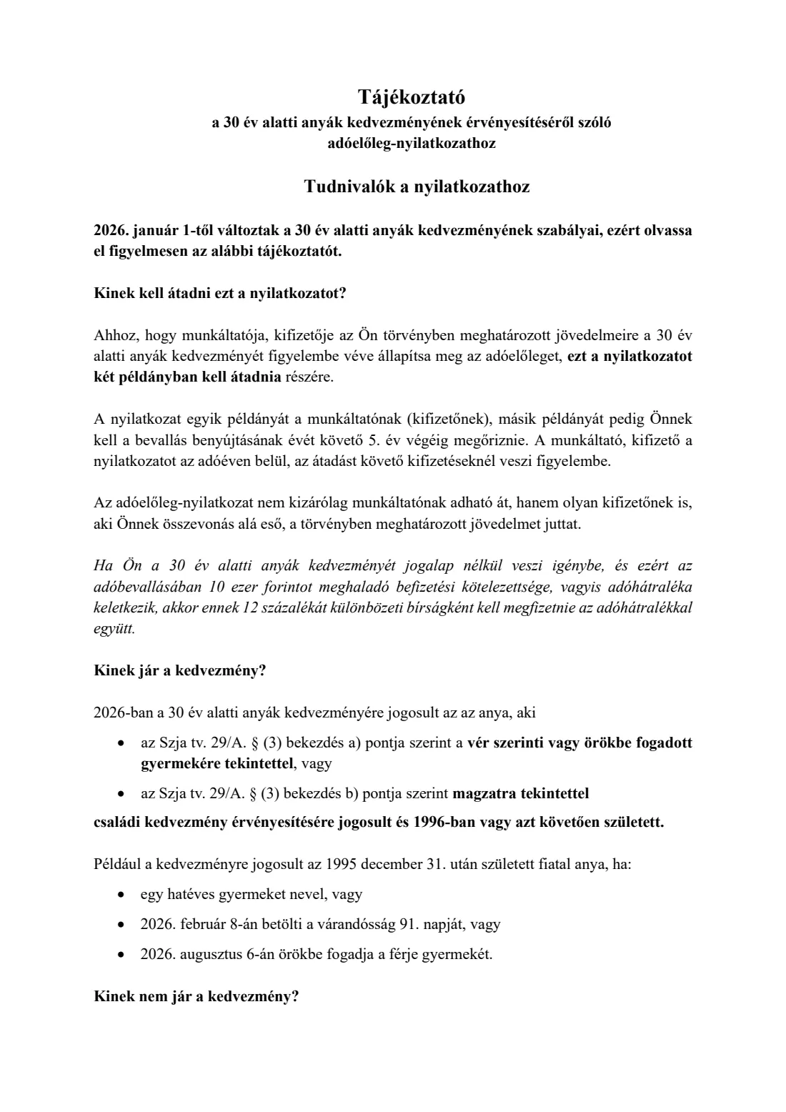 Mothers under 30 allowance declaration (2026) Tax-advance declaration for the allowance for mothers under 30 (Adóelőleg-nyilatkozat a 30 év alatti anyák kedvezményének érvényesítéséről) — page 2 of 7