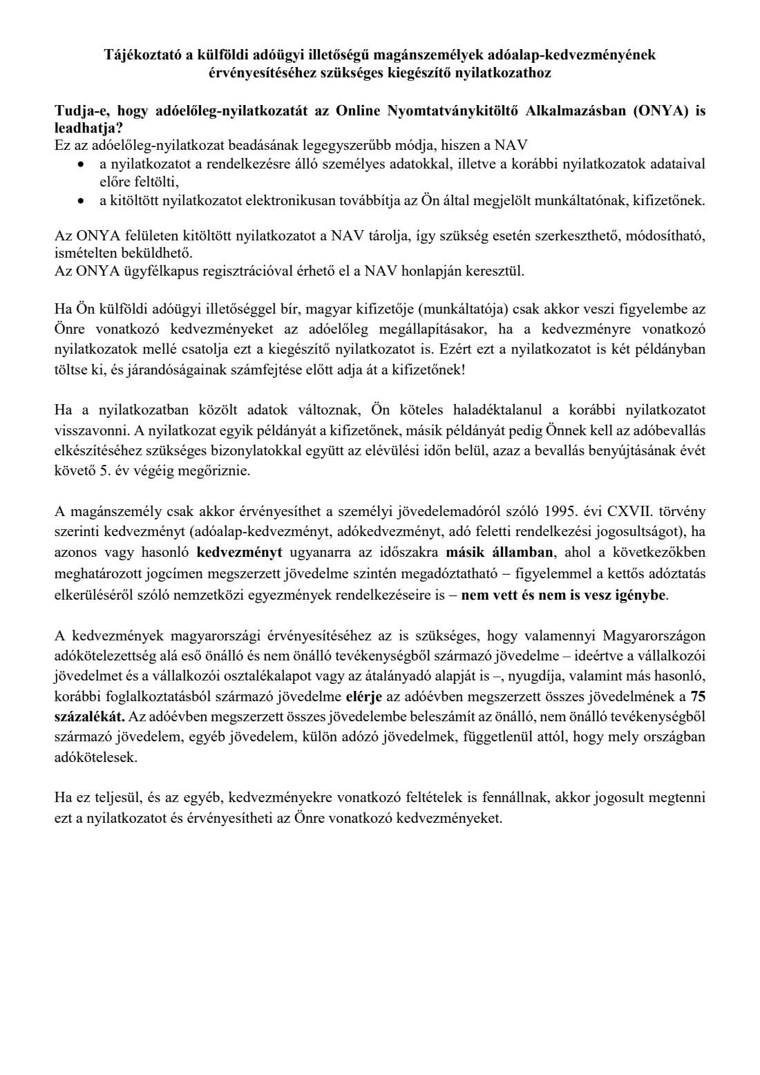 Non-resident allowances declaration (2026) Supplementary declaration for non-residents claiming tax-base allowances (Kiegészítő nyilatkozat a külföldi adóügyi illetőségű magánszemélyek adóalap-kedvezményének érvényesítéséhez) — page 2 of 2