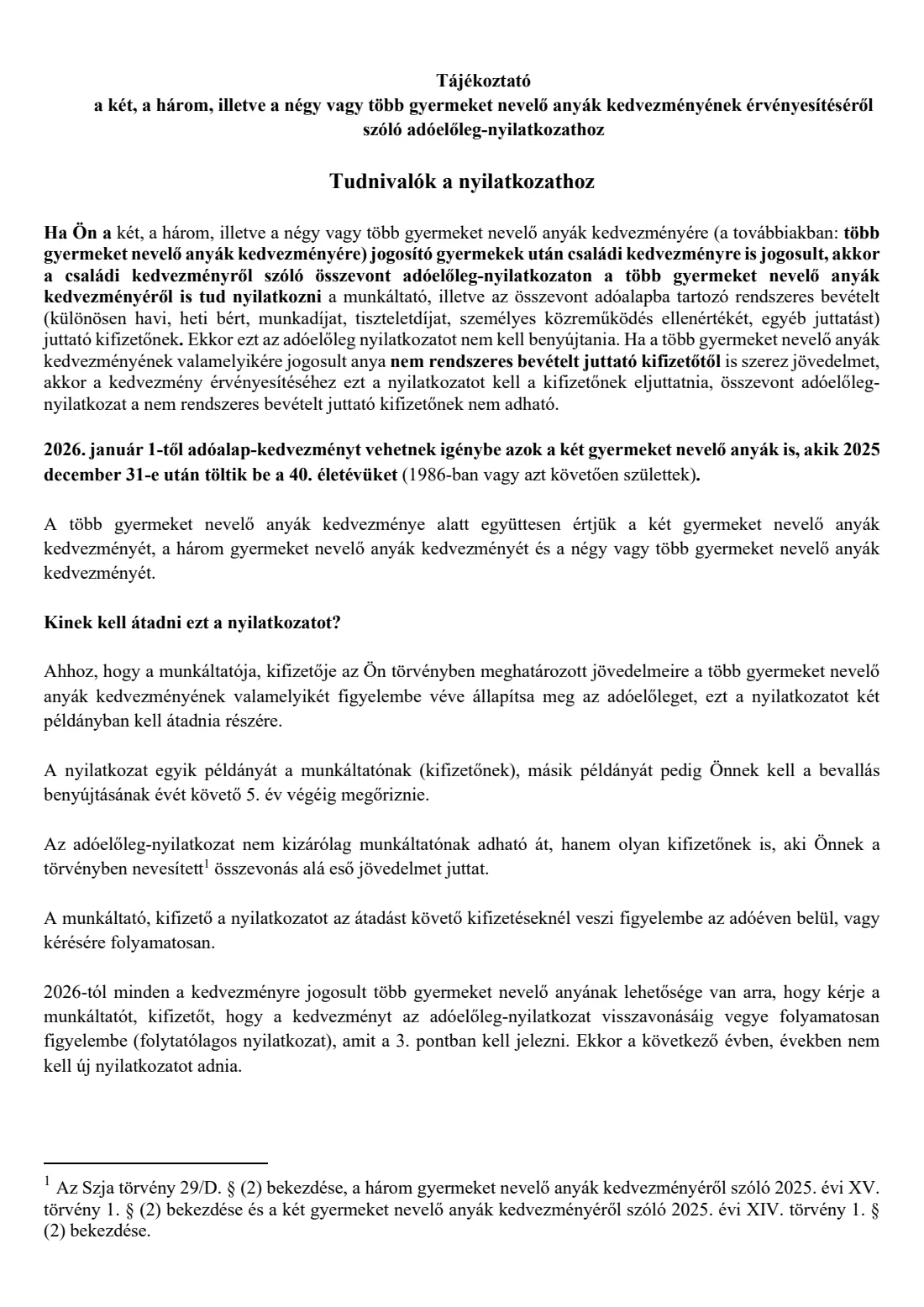 Mothers of two, three or four+ children: allowance declaration (2026) Tax-advance declaration for the allowance for mothers raising two, three, or four or more children (Adóelőleg-nyilatkozat a két, a három, illetve a négy vagy több gyermeket nevelő anyák kedvezményének érvényesítéséről) — page 2 of 7
