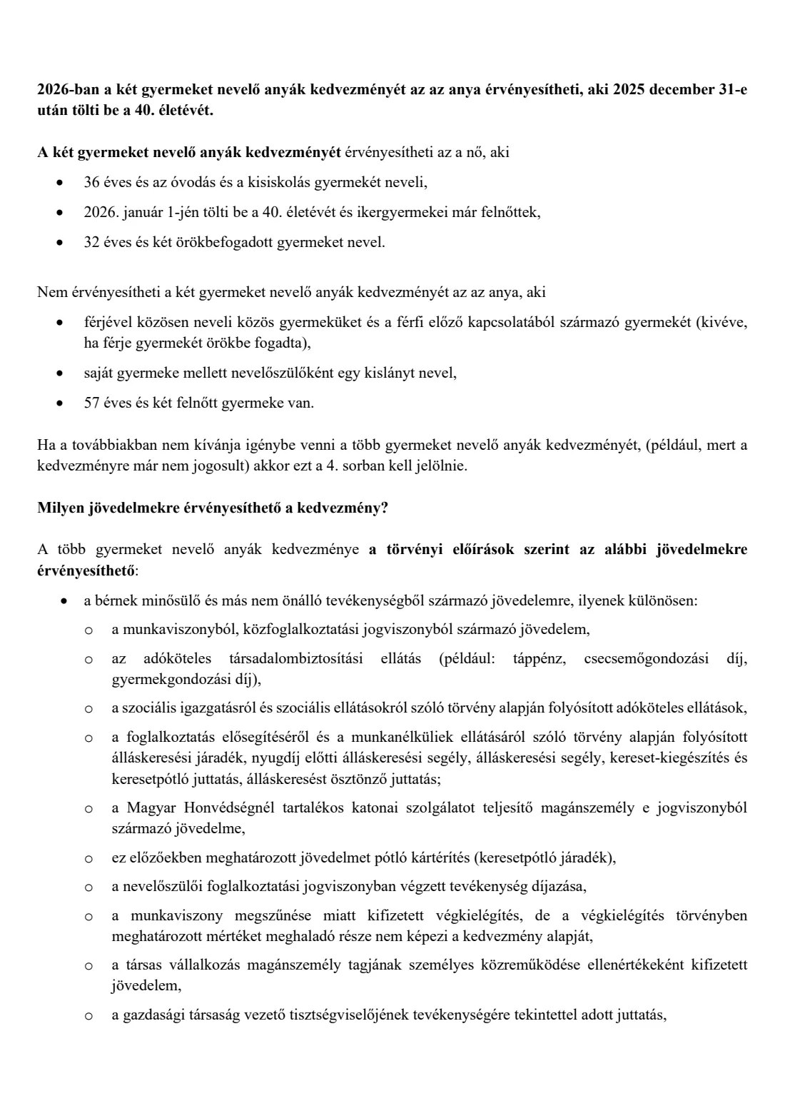 Mothers of two, three or four+ children: allowance declaration (2026) Tax-advance declaration for the allowance for mothers raising two, three, or four or more children (Adóelőleg-nyilatkozat a két, a három, illetve a négy vagy több gyermeket nevelő anyák kedvezményének érvényesítéséről) — page 4 of 7