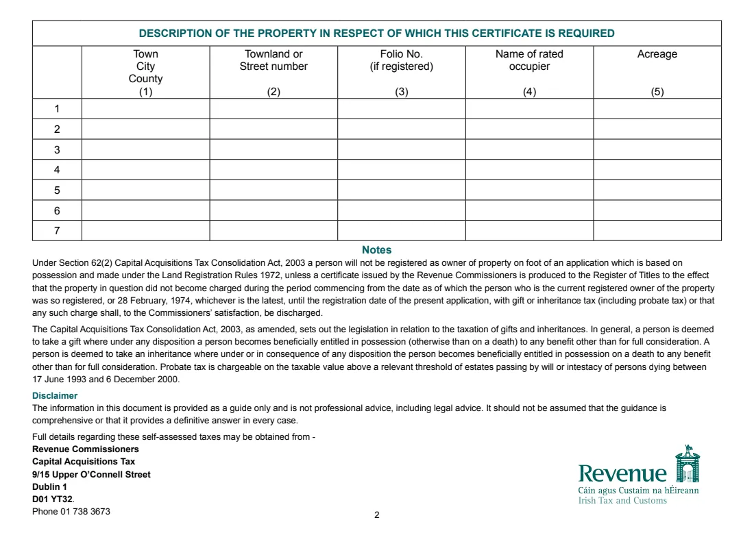 Form CA12 (CAT certificate of discharge, s.62(2)) (2021) Application for a Certificate of discharge from Capital Acquisitions Tax — page 2 of 2