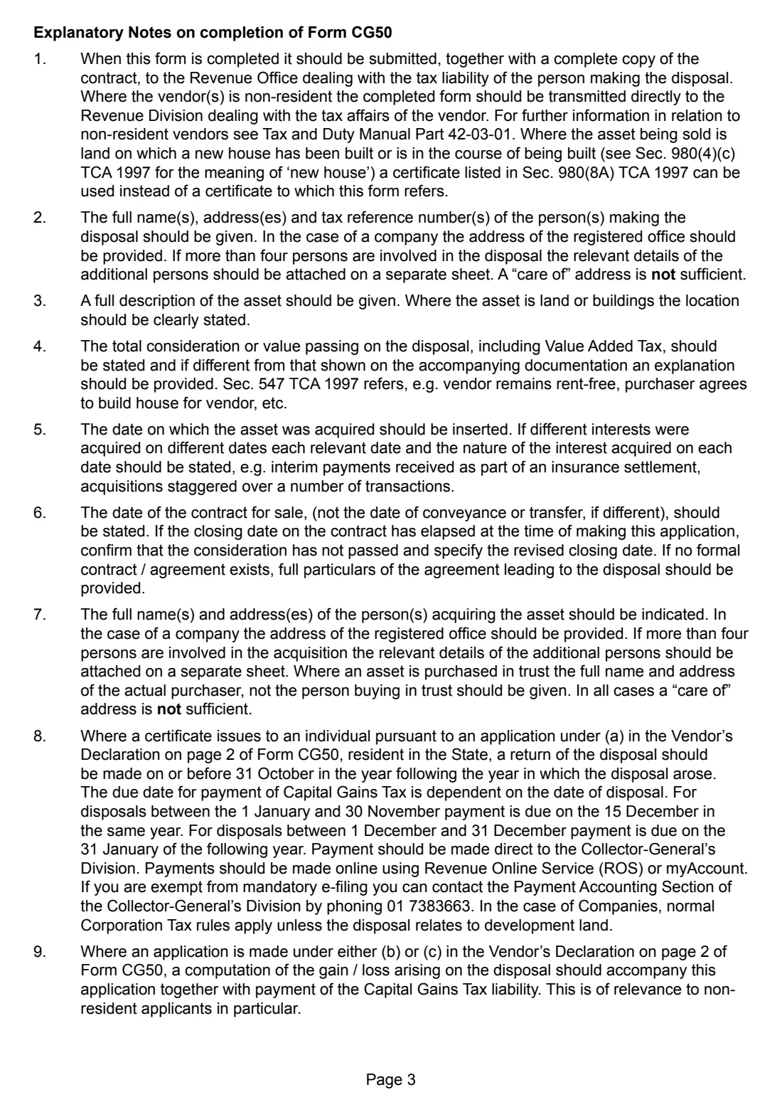 Form CG50 (CGT clearance application) (2024) Form CG50: Application for certificate under Section 980(8) Taxes Consolidation Act 1997 (CGT clearance) — page 3 of 4
