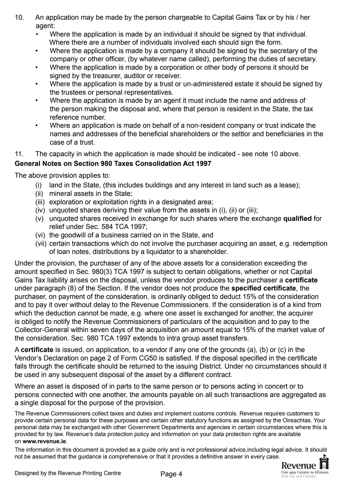 Form CG50 (CGT clearance application) (2024) Form CG50: Application for certificate under Section 980(8) Taxes Consolidation Act 1997 (CGT clearance) — page 4 of 4