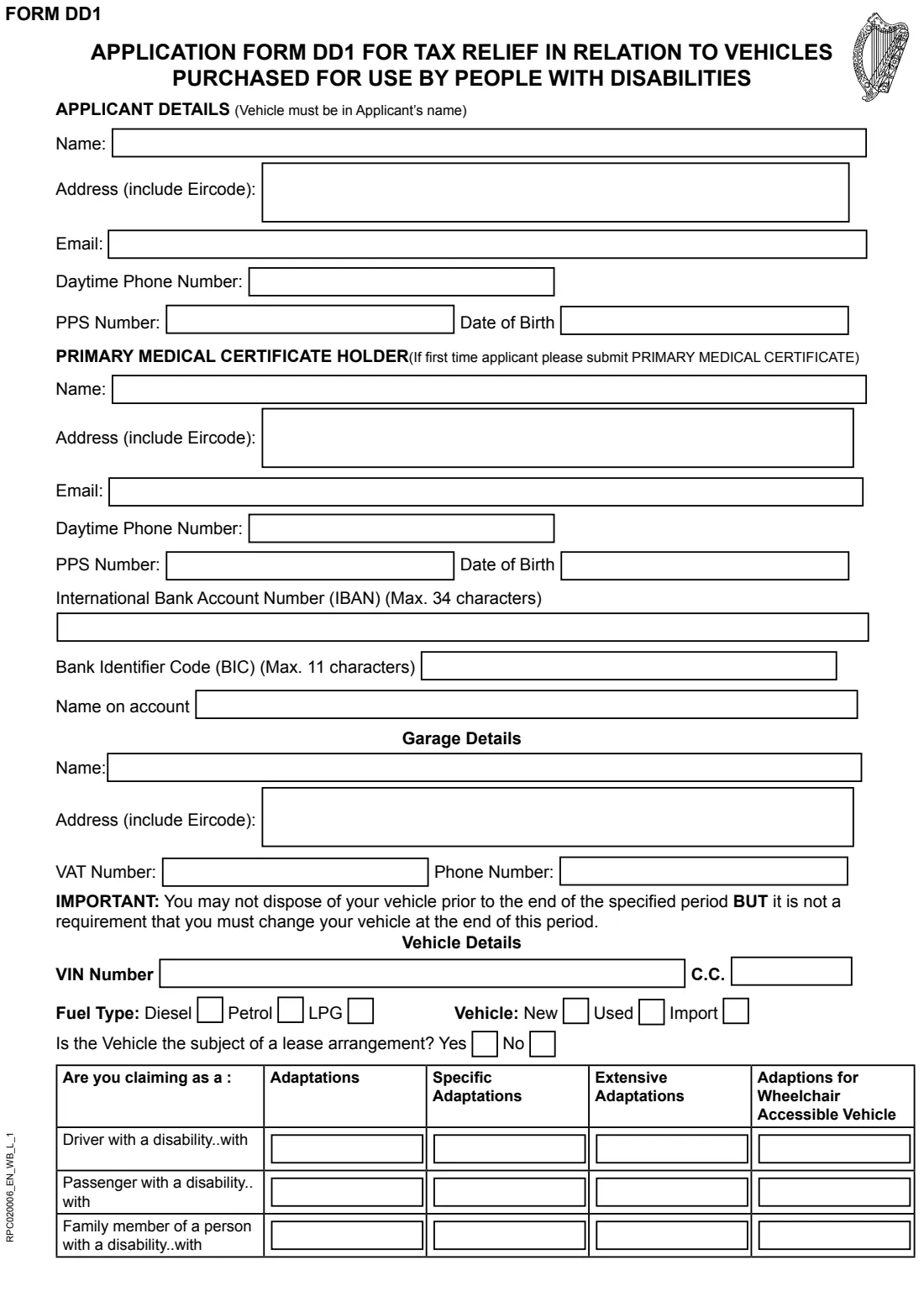 Form DD1 (Drivers and Passengers with Disabilities Scheme) (2025) Form DD1: Claim for Tax Relief for Vehicles Purchased / Acquired for use by People with Disabilities — page 3 of 4