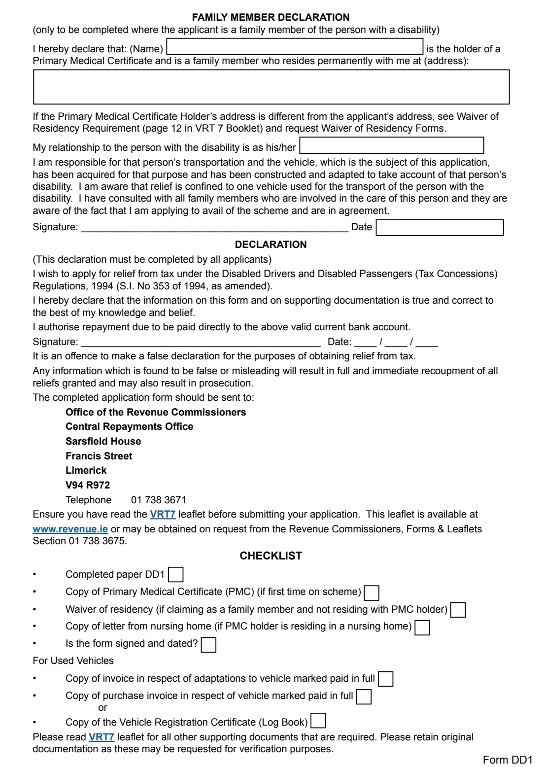 Form DD1 (Drivers and Passengers with Disabilities Scheme) (2025) Form DD1: Claim for Tax Relief for Vehicles Purchased / Acquired for use by People with Disabilities — page 4 of 4