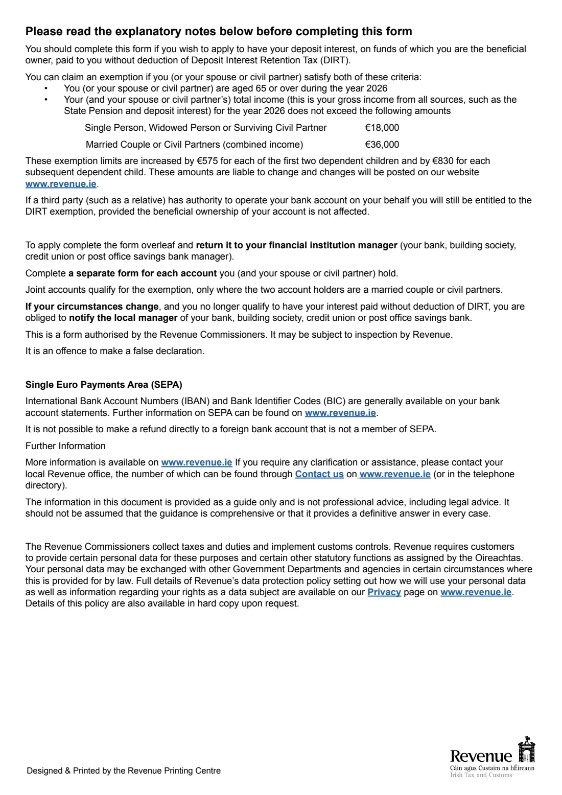 Form DE1 (DIRT-free interest, aged 65+) (2026) Form DE1 2026: Application to have deposit interest paid without deduction of DIRT where the applicant and/or spouse or civil partner is aged 65 or over — page 2 of 2