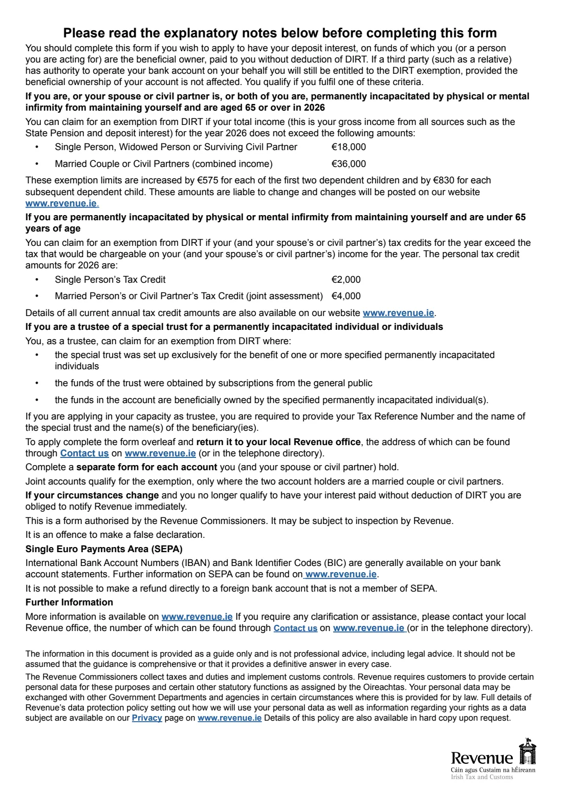 Form DE2 (DIRT-free interest: permanent incapacity) (2026) Form DE2: Application by permanently incapacitated individual(s), or a trustee of a special trust for them, to have deposit interest paid without deduction of DIRT — page 2 of 2