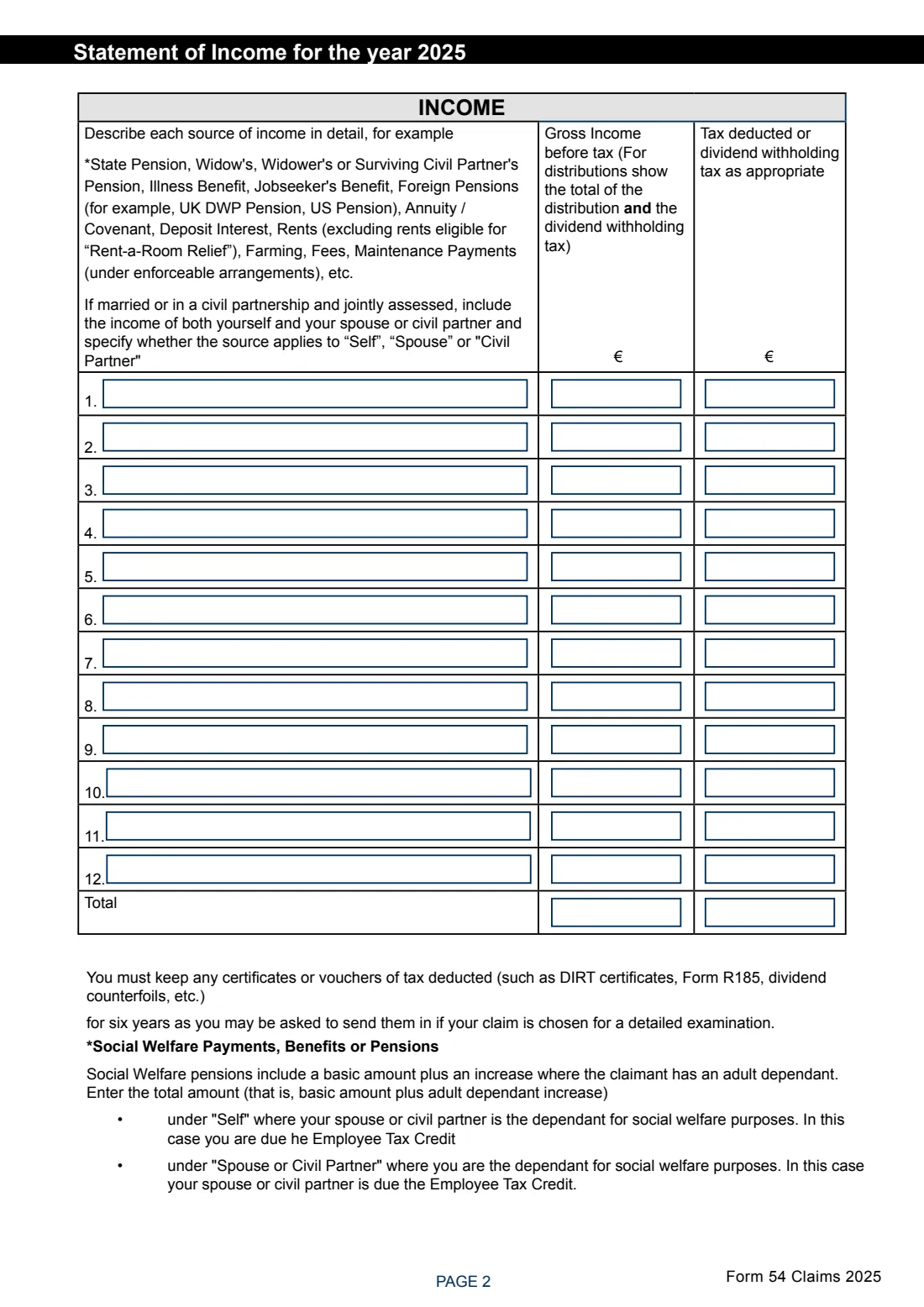 Form 54 Claims 2025 (DIRT and tax repayment) (2025) Form 54 Claims: Income Tax Repayment Claim for the year 2025 (Claim for Repayment of Deposit Interest Retention Tax) — page 2 of 7