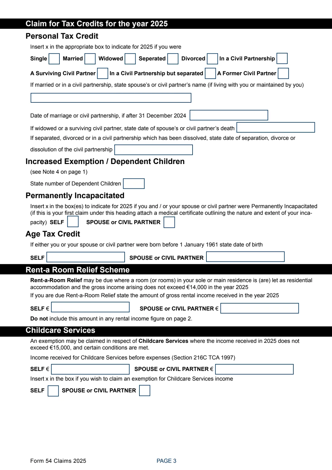 Form 54 Claims 2025 (DIRT and tax repayment) (2025) Form 54 Claims: Income Tax Repayment Claim for the year 2025 (Claim for Repayment of Deposit Interest Retention Tax) — page 3 of 7