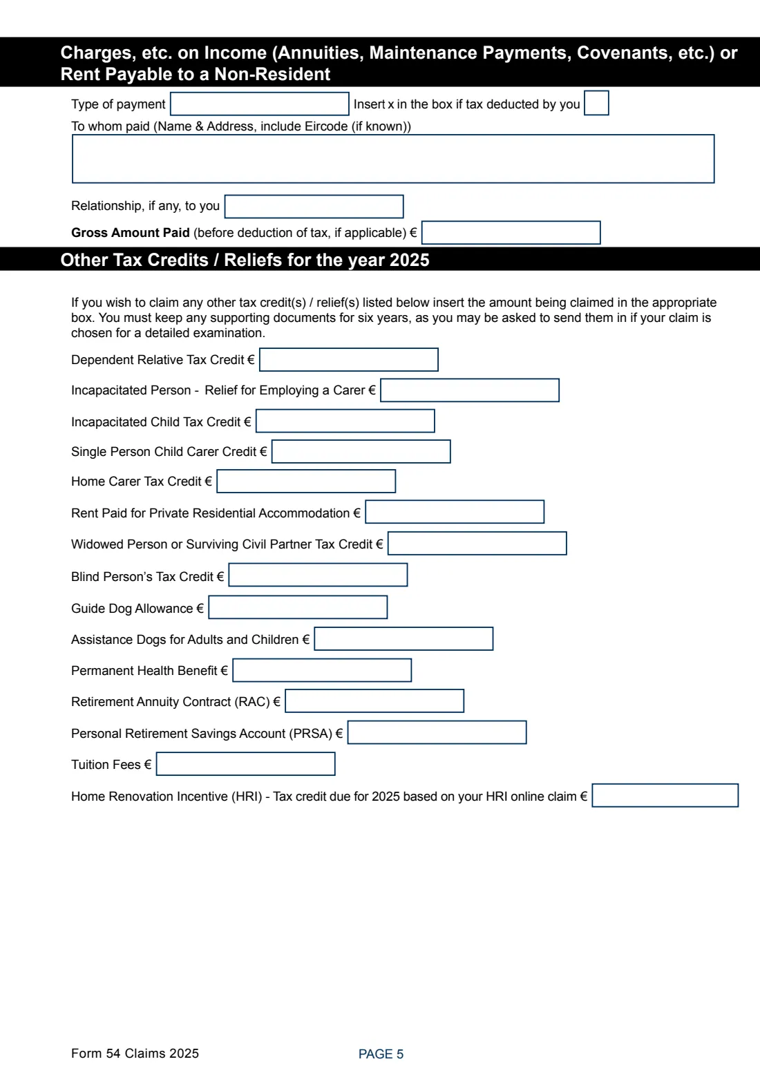 Form 54 Claims 2025 (DIRT and tax repayment) (2025) Form 54 Claims: Income Tax Repayment Claim for the year 2025 (Claim for Repayment of Deposit Interest Retention Tax) — page 5 of 7