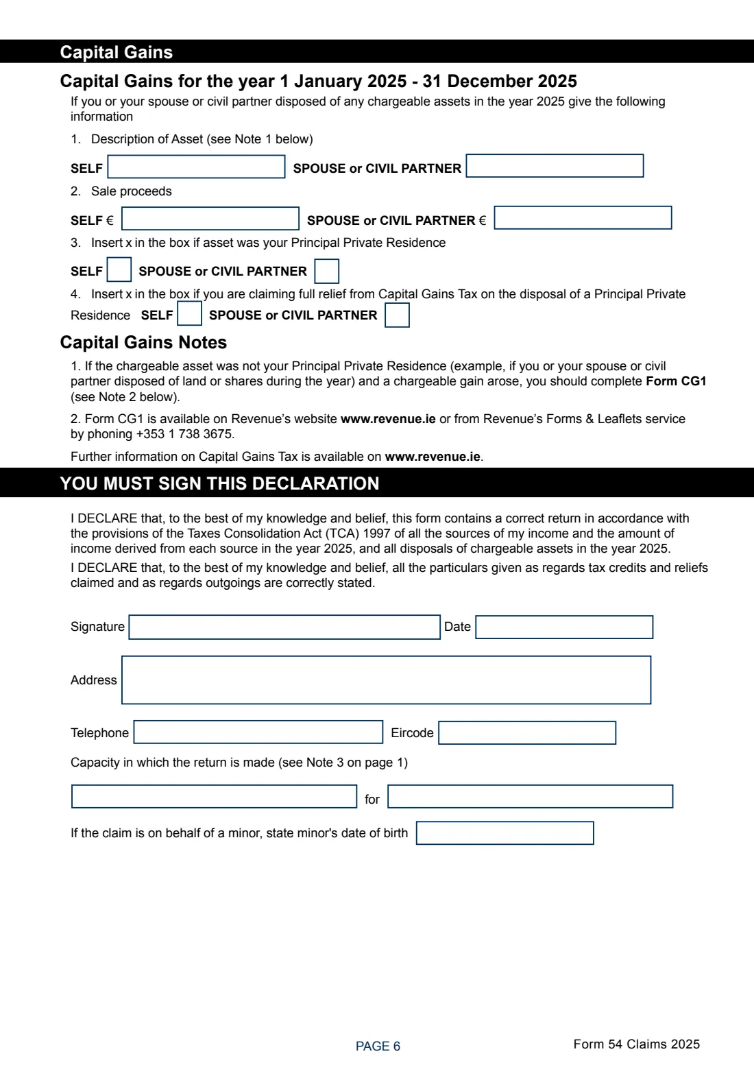 Form 54 Claims 2025 (DIRT and tax repayment) (2025) Form 54 Claims: Income Tax Repayment Claim for the year 2025 (Claim for Repayment of Deposit Interest Retention Tax) — page 6 of 7