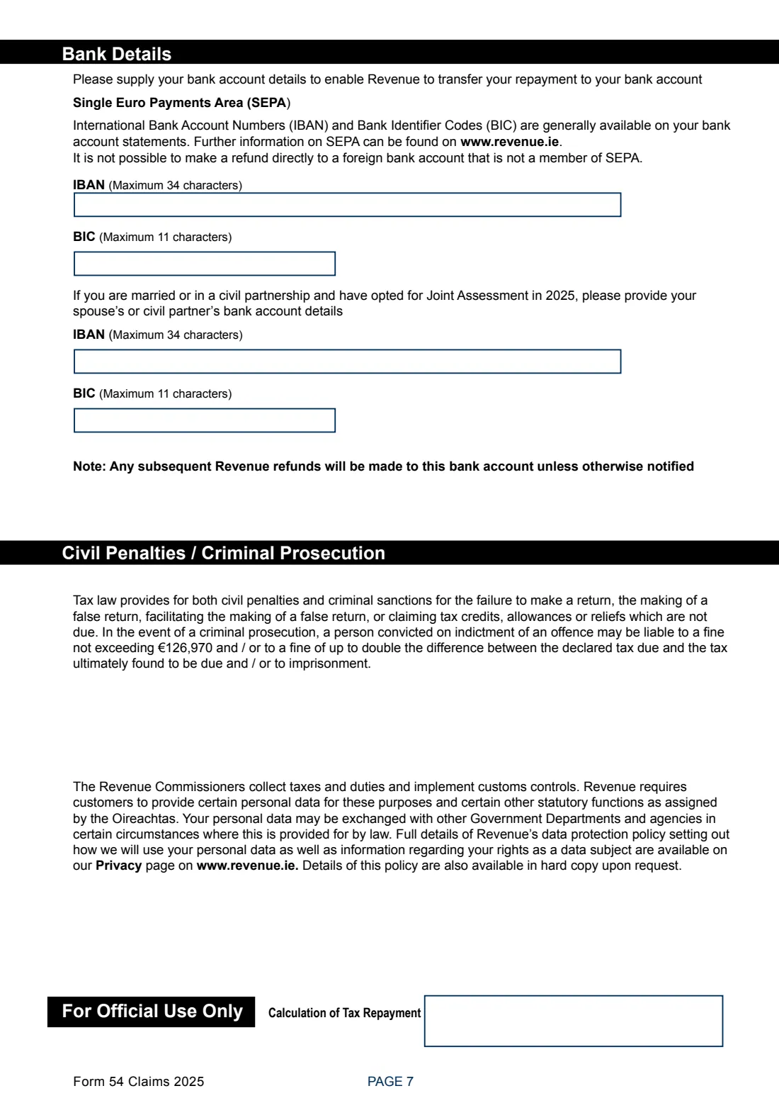 Form 54 Claims 2025 (DIRT and tax repayment) (2025) Form 54 Claims: Income Tax Repayment Claim for the year 2025 (Claim for Repayment of Deposit Interest Retention Tax) — page 7 of 7