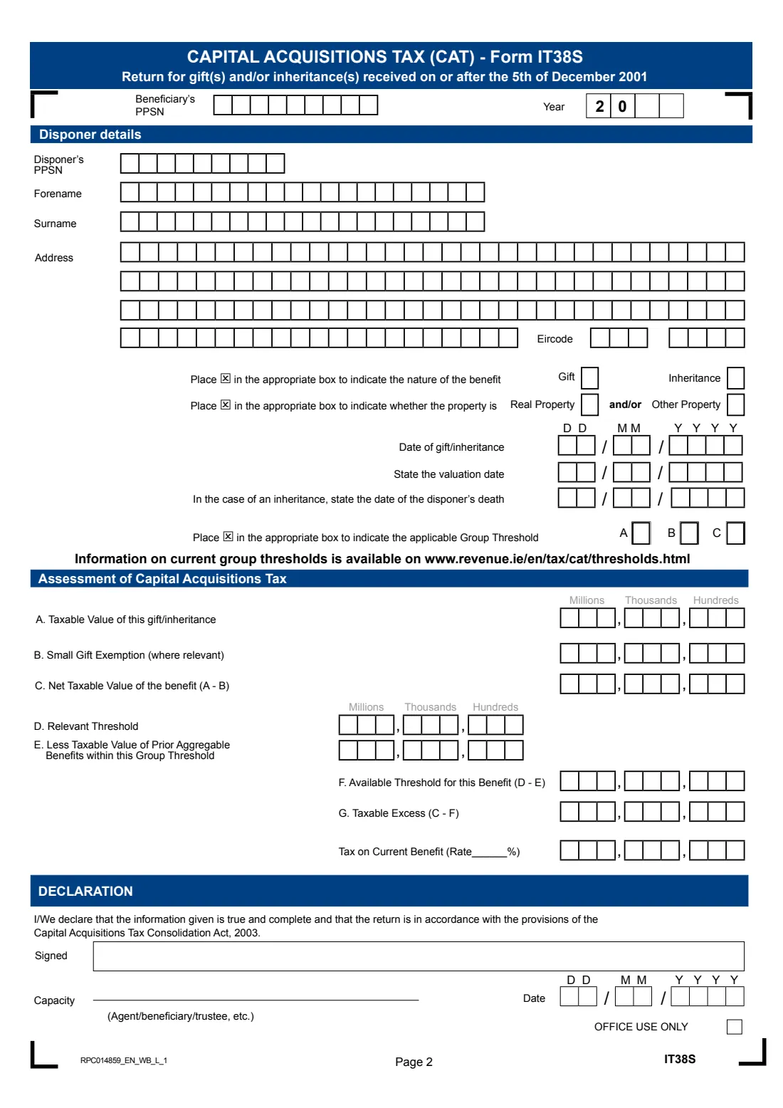 Form IT38S (gift and inheritance tax return, short form) (2023) Form IT38S: Capital Acquisitions Tax (CAT) return for gift(s) and/or inheritance(s) received on or after 5 December 2001 (short form) — page 2 of 4