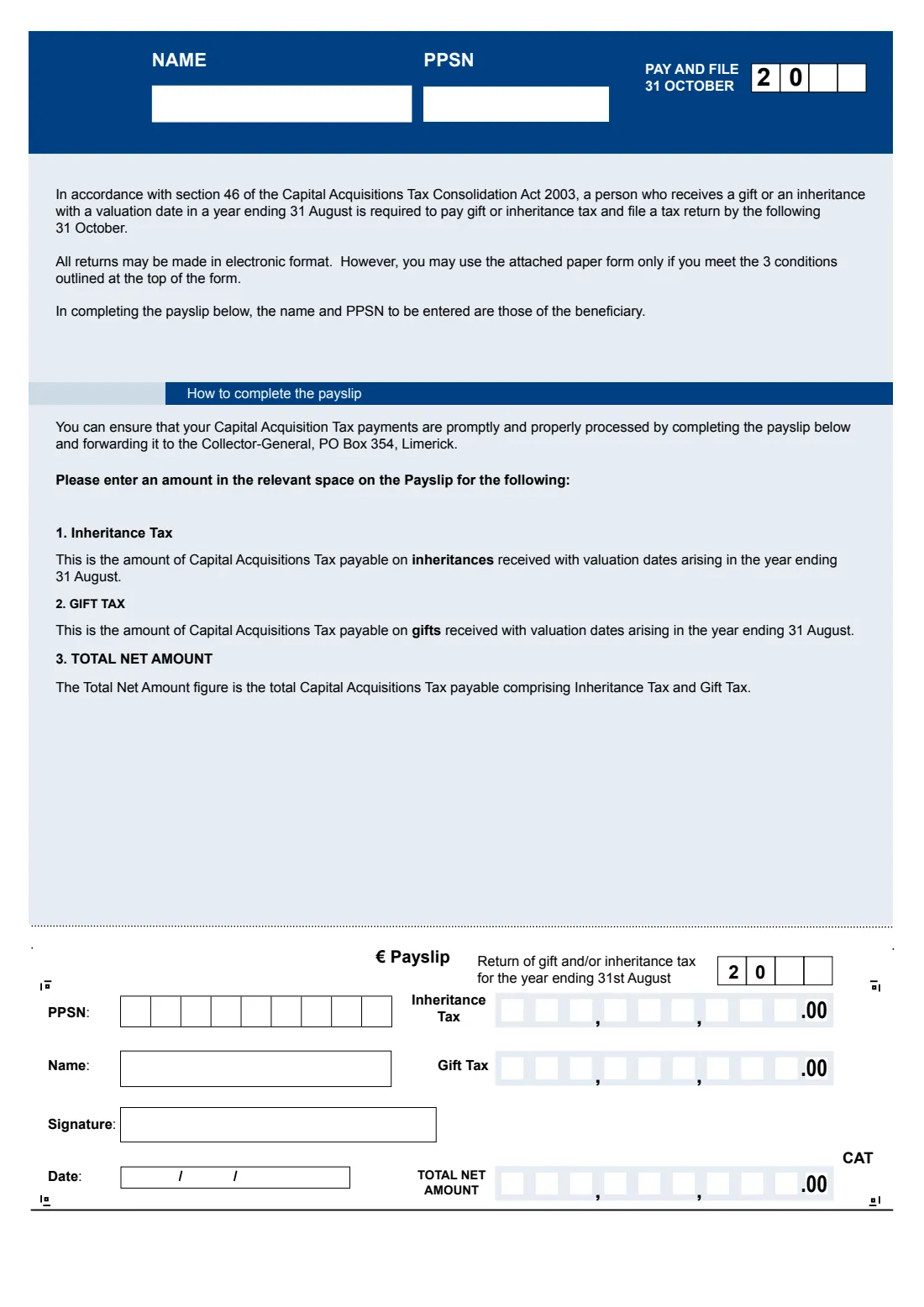 Form IT38S (gift and inheritance tax return, short form) (2023) Form IT38S: Capital Acquisitions Tax (CAT) return for gift(s) and/or inheritance(s) received on or after 5 December 2001 (short form) — page 3 of 4
