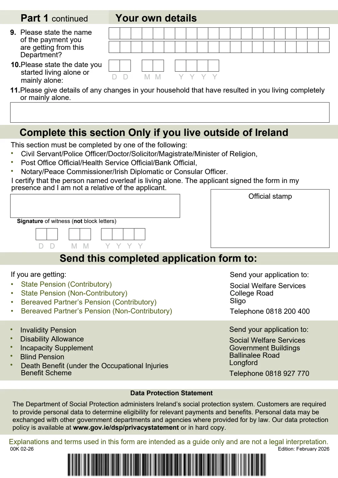 Form LA1 (Living Alone Increase) (2026) Application form for Living Alone Increase (LA1) — page 2 of 2