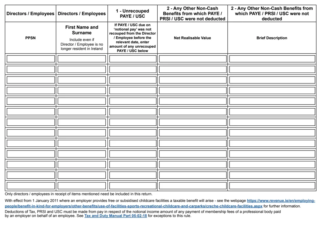 Form P11D (employer benefits return) 2025 (2025) Form P11D: Return by employer of benefits, non-cash emoluments and payments not subjected to PAYE / USC provided to directors and certain employees — page 2 of 4