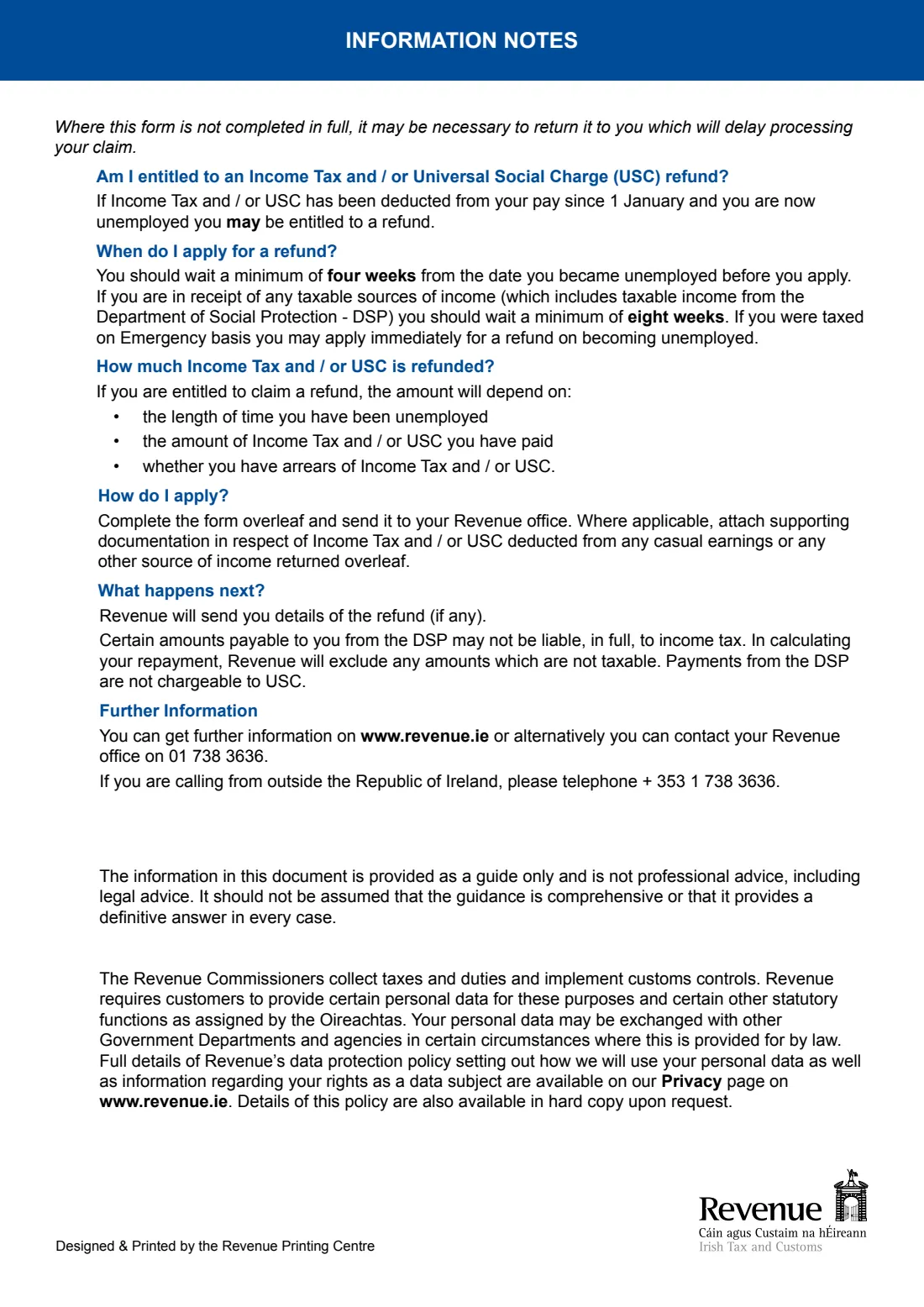 Form P50 (tax refund while unemployed) (2026) Form P50: First claim for a repayment of Income Tax and/or Universal Social Charge (USC) during unemployment — page 2 of 2
