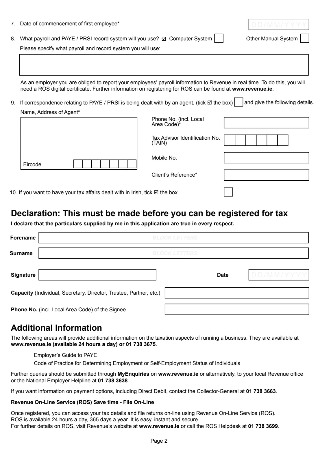 PREM Reg (register as an employer) (2024) Form PREM Reg: Employer (PAYE / PRSI) Tax Registration Form — page 2 of 3