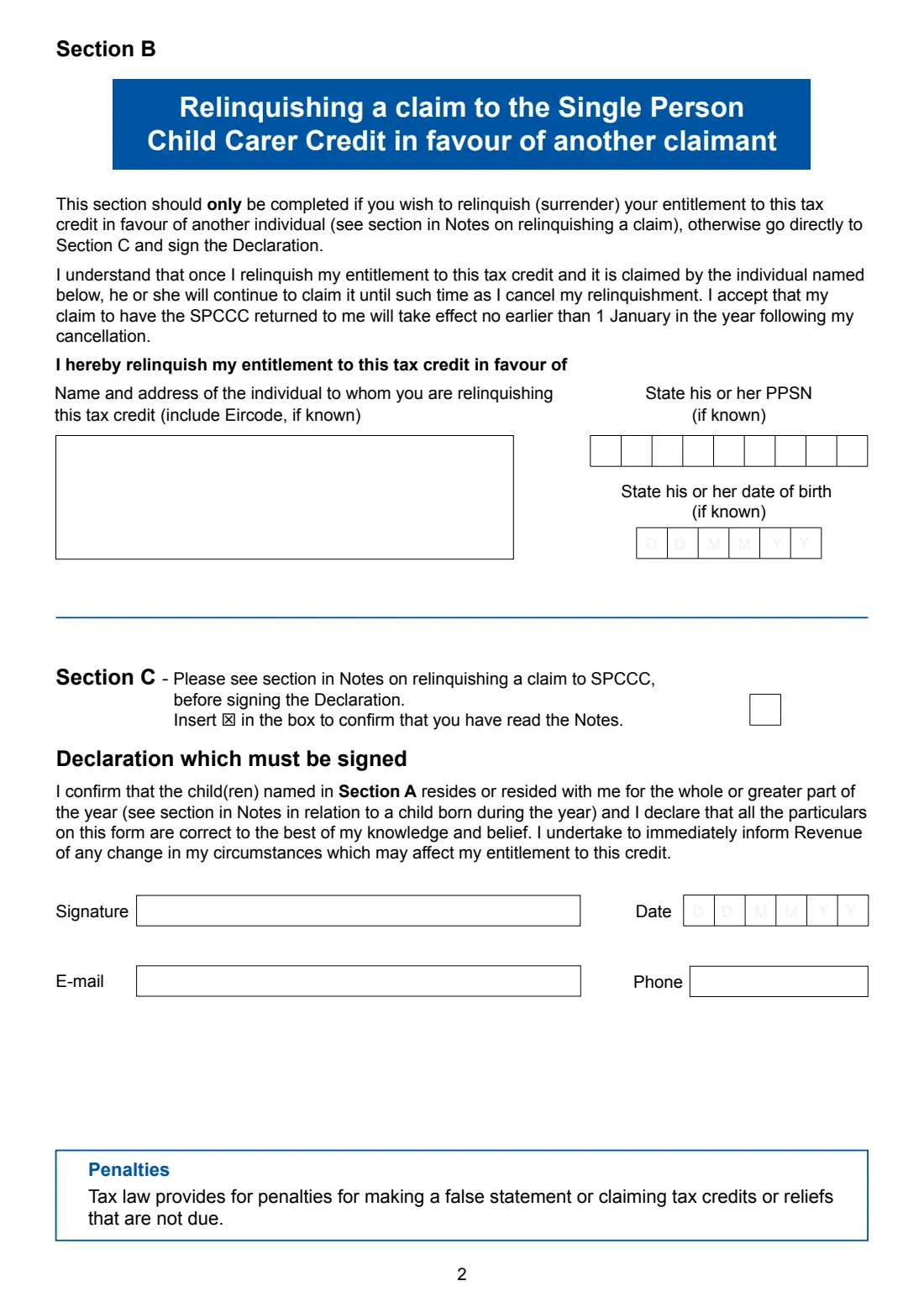 Form SPCC1 (Single Person Child Carer Credit) (2024) Claim for Single Person Child Carer Credit: primary claimant (SPCC1) — page 2 of 4