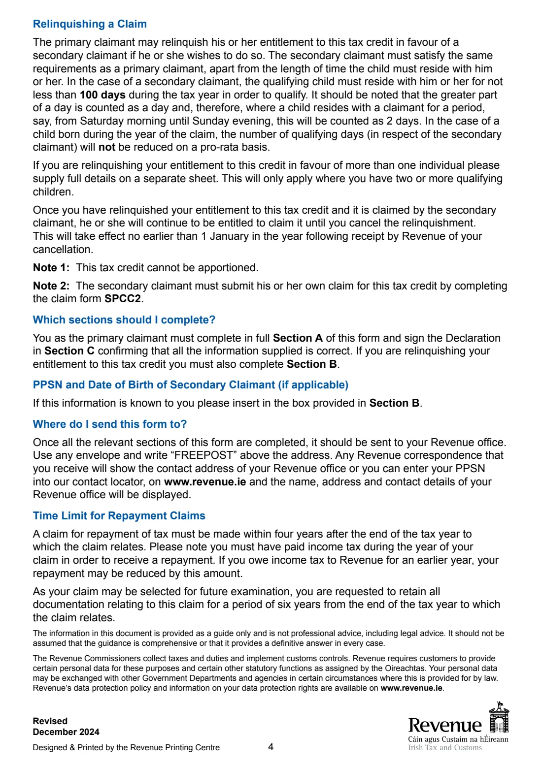 Form SPCC1 (Single Person Child Carer Credit) (2024) Claim for Single Person Child Carer Credit: primary claimant (SPCC1) — page 4 of 4
