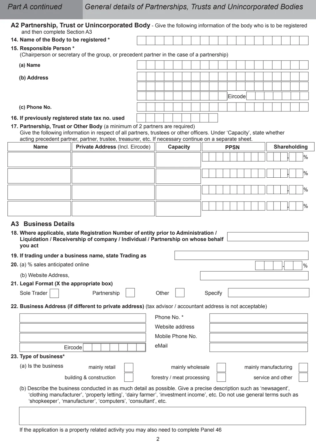 Form TR1 (tax registration) (2026) Tax Registration for Resident Individuals, Partnerships, Trusts or Unincorporated Bodies Registering for Tax in Ireland (Form TR1) — page 2 of 8