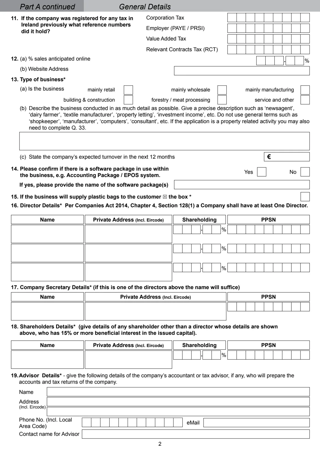 Form TR2 (company tax registration) (2026) Tax Registration for Resident Companies Registering for Tax in Ireland (Form TR2) — page 2 of 8