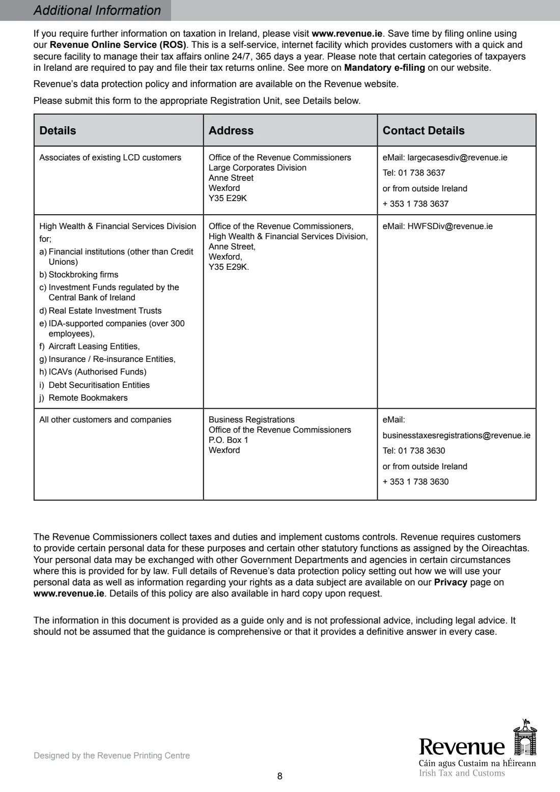 Form TR2 (company tax registration) (2026) Tax Registration for Resident Companies Registering for Tax in Ireland (Form TR2) — page 8 of 8