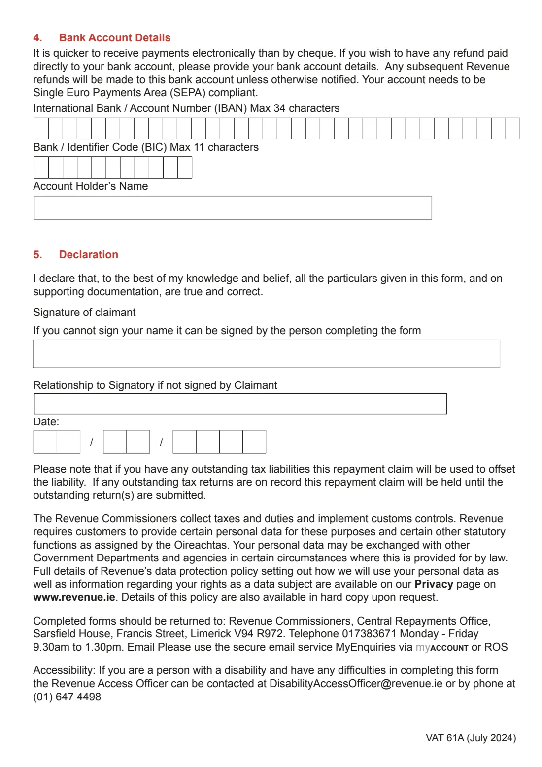 Form VAT 61A (VAT refund on disability aids) (2024) Claim for VAT refund on aids and appliances for use by persons with disabilities (Form VAT 61A) — page 2 of 4