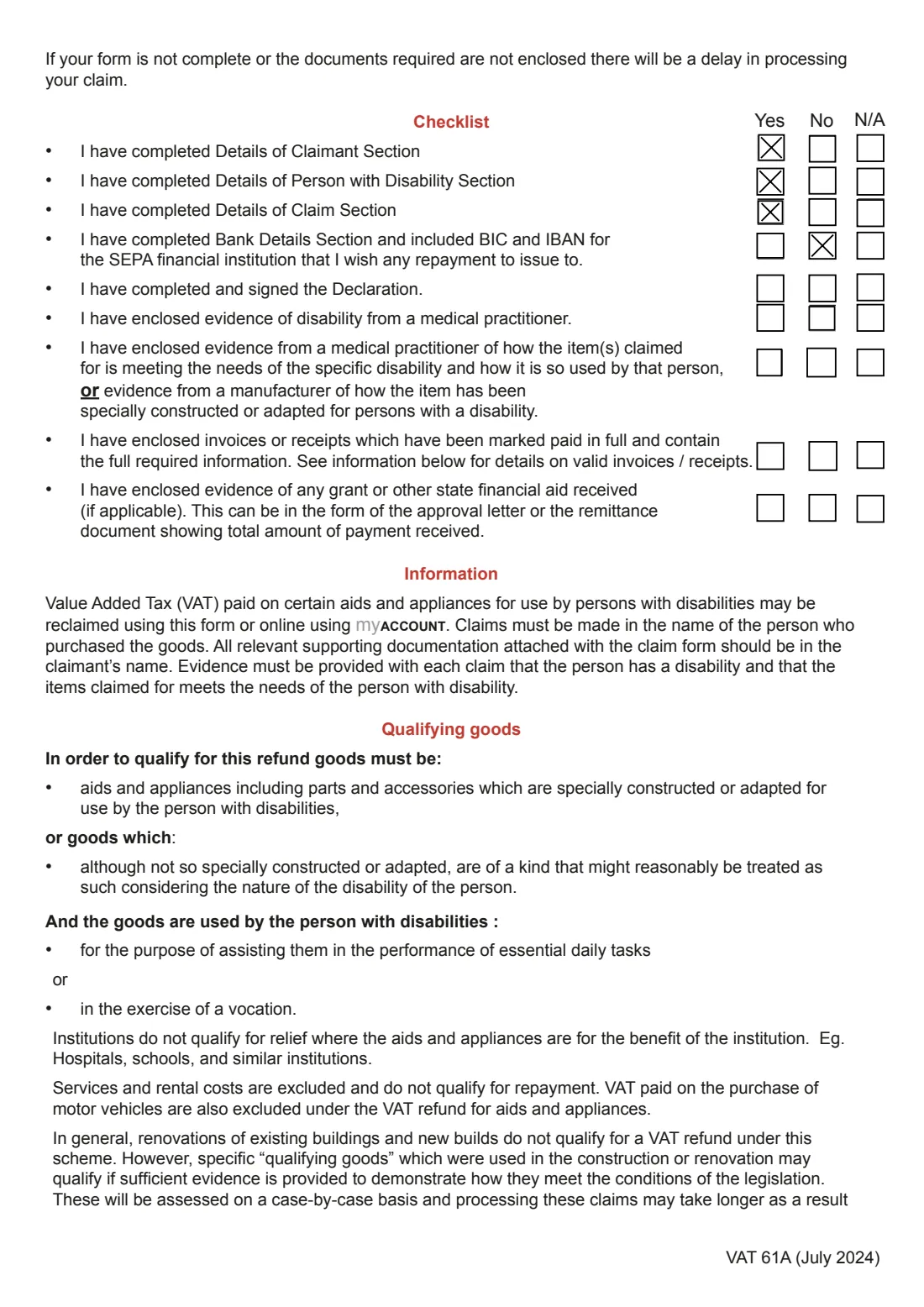 Form VAT 61A (VAT refund on disability aids) (2024) Claim for VAT refund on aids and appliances for use by persons with disabilities (Form VAT 61A) — page 3 of 4