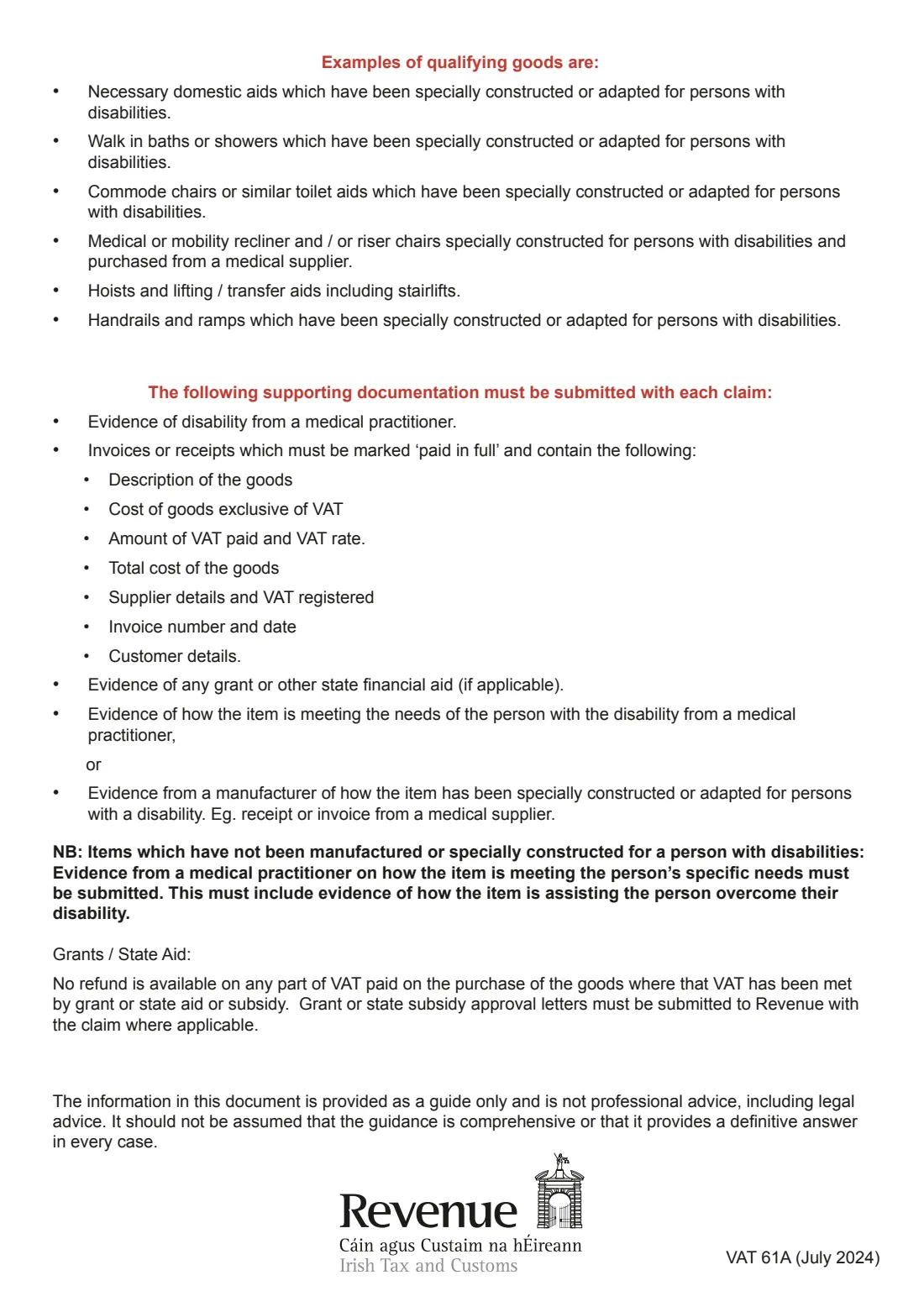 Form VAT 61A (VAT refund on disability aids) (2024) Claim for VAT refund on aids and appliances for use by persons with disabilities (Form VAT 61A) — page 4 of 4
