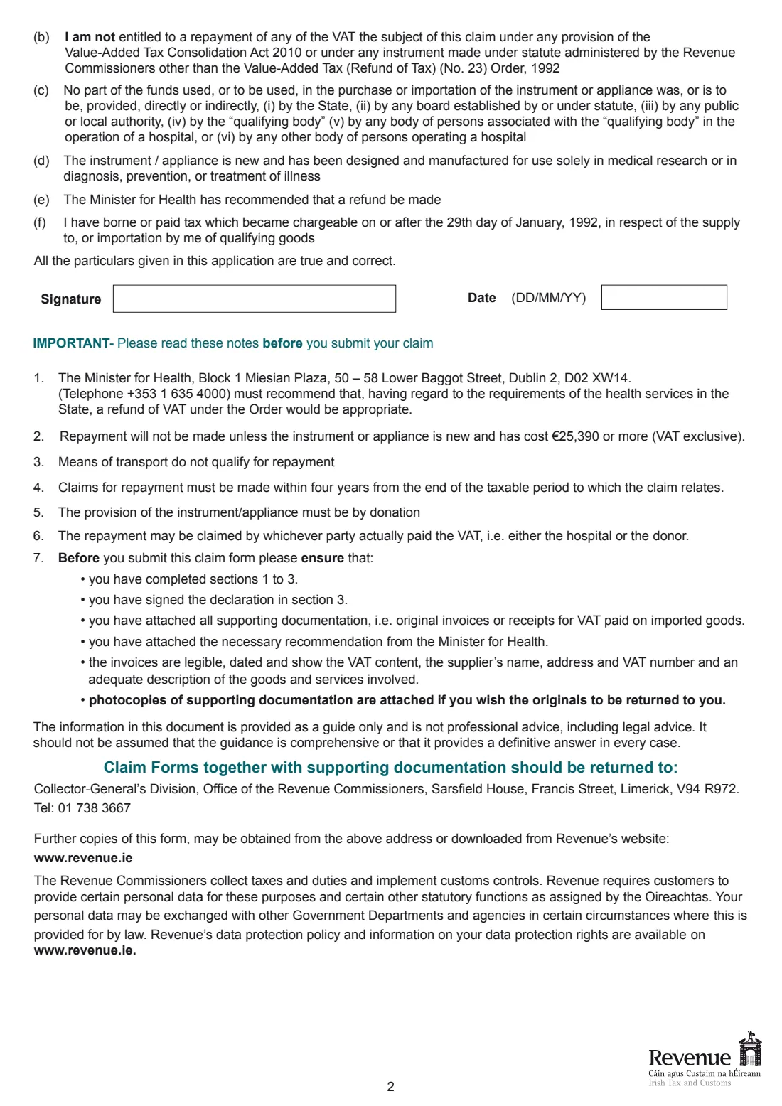 Form VAT 72 (VAT refund on donated medical equipment) (2022) Claim for refund of VAT on certain medical instruments and appliances (Form VAT 72) — page 2 of 2
