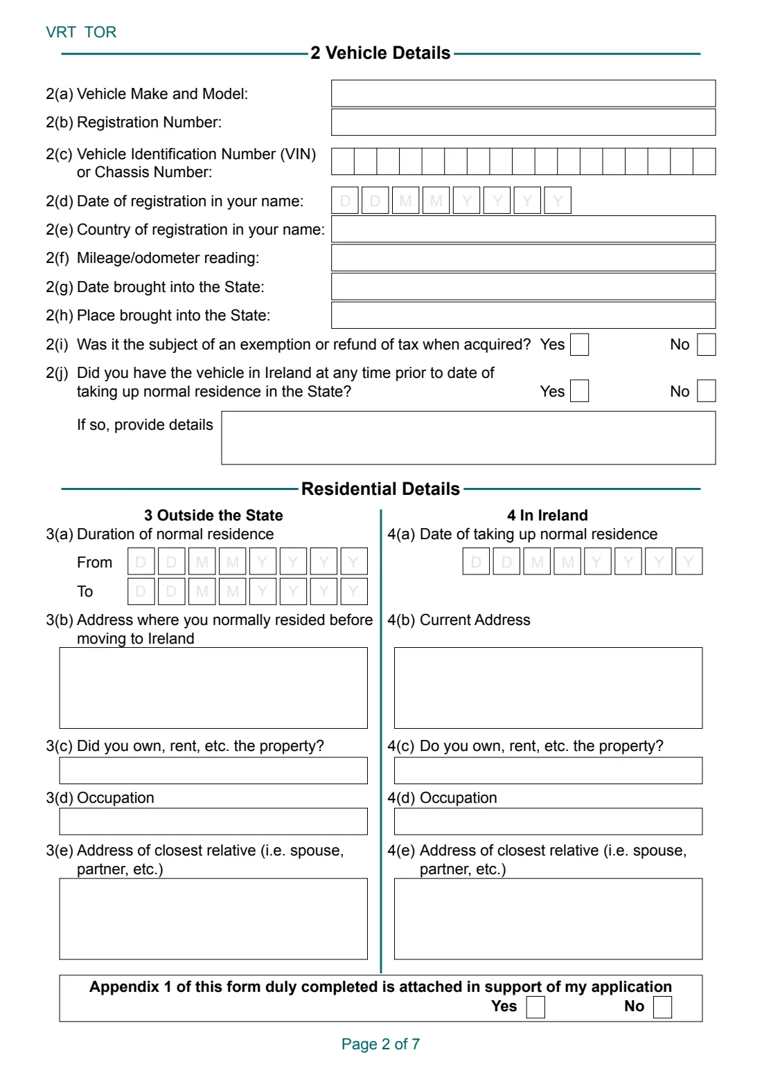 VRT TOR (transfer of residence relief) (2026) Transfer of Residence from within the EU: Application and Declaration for Relief from Vehicle Registration Tax (VRT) — page 2 of 7