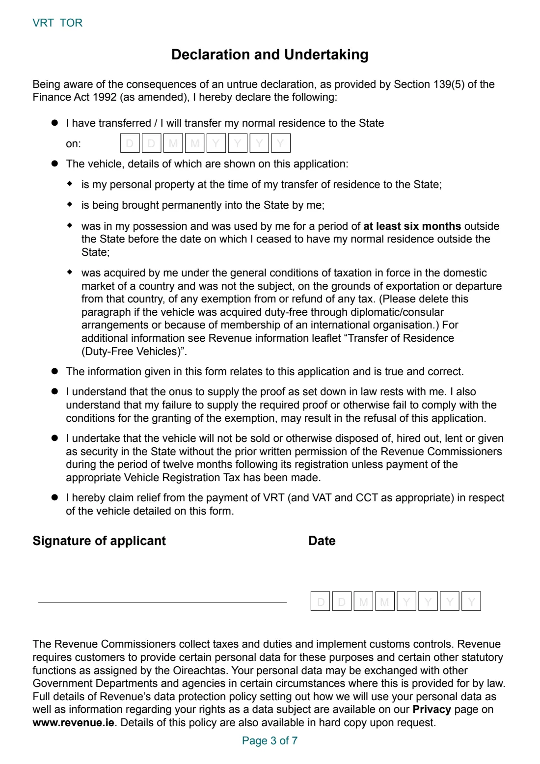 VRT TOR (transfer of residence relief) (2026) Transfer of Residence from within the EU: Application and Declaration for Relief from Vehicle Registration Tax (VRT) — page 3 of 7