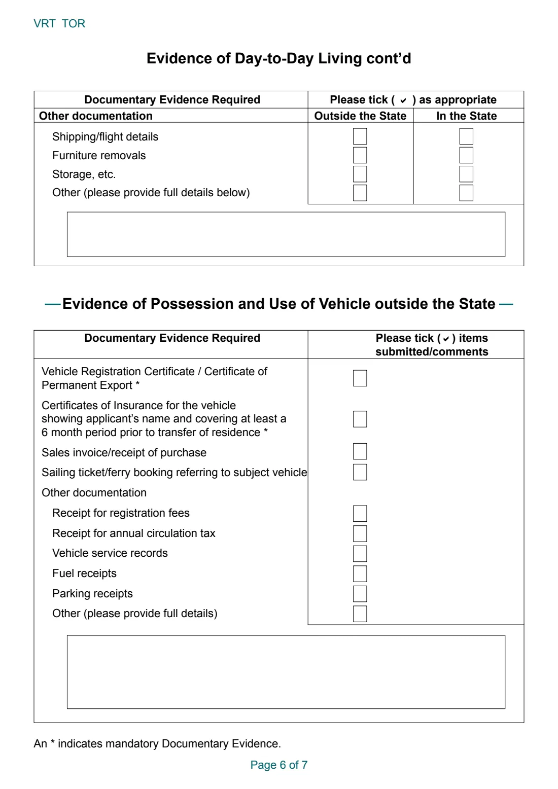 VRT TOR (transfer of residence relief) (2026) Transfer of Residence from within the EU: Application and Declaration for Relief from Vehicle Registration Tax (VRT) — page 6 of 7