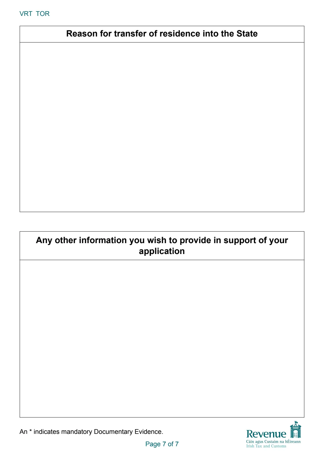 VRT TOR (transfer of residence relief) (2026) Transfer of Residence from within the EU: Application and Declaration for Relief from Vehicle Registration Tax (VRT) — page 7 of 7