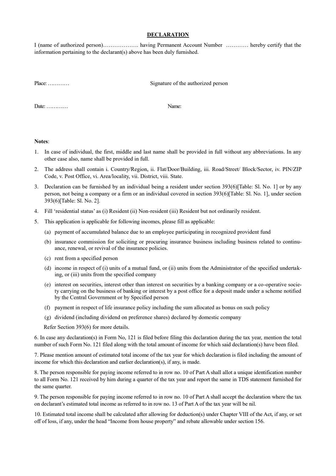 Form 121 (replaces 15G / 15H) (2026) Declaration under section 393(6) for receipt of certain incomes without deduction of tax — page 3 of 4